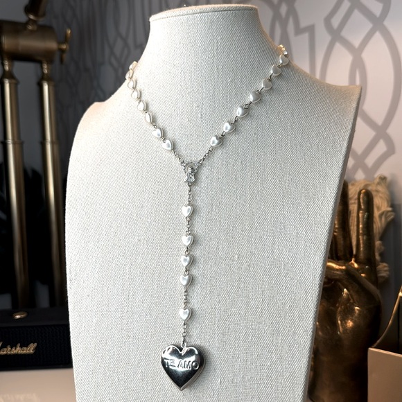 Stainless steel and heart pearls LARGE Locket Rosary Necklace 17.5” neck - Picture 1 of 8